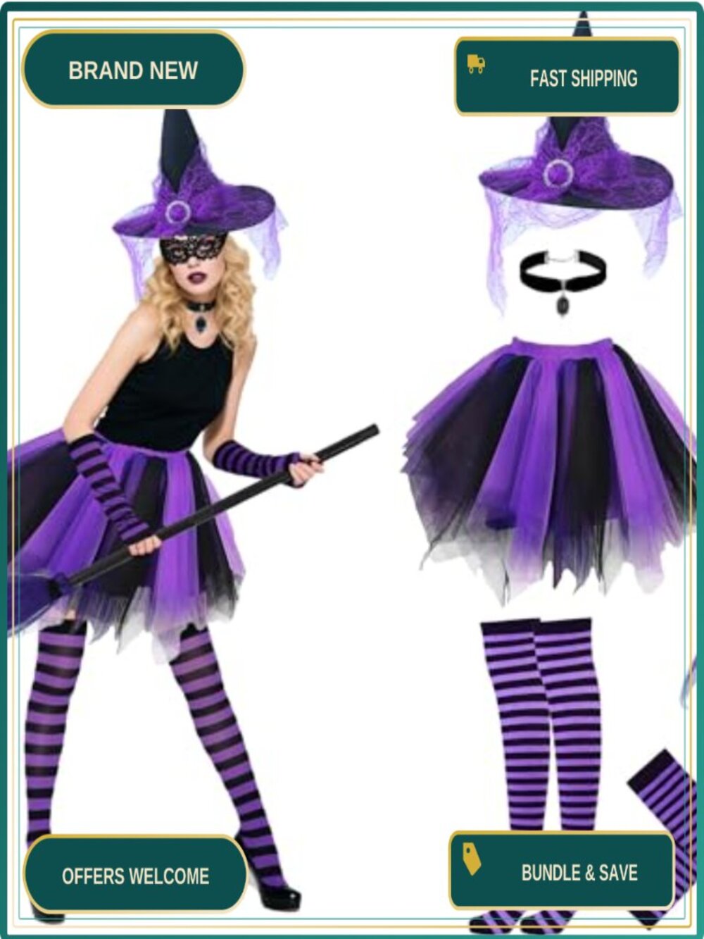 Halloween Witch Costume Set Tutu Dress Hat Broom Socks Gloves Choker